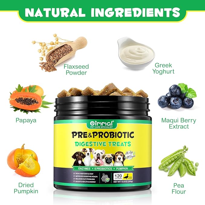 Probiotics for Dogs - Pre & Probiotic Digestive Treats for Dog, Support Gut Health, Seasonal Allergies, Itchy Ears, Dog Supplement Soft Chews, Immune Function Support for Dogs - 120pc/Duck Flavor