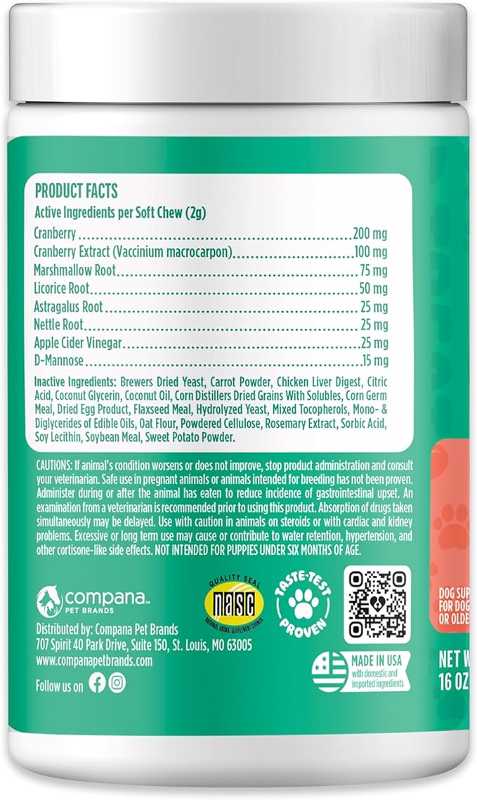 Doggie Dailies Cranberry Supplement for Dogs - Urinary Tract, Bladder & Kidney Support - Cranberry with Marshmallow Root, Licorice Root & Apple Cider Vinegar (Chicken) 225 Soft Chews