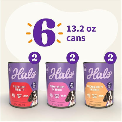 Halo Wet Dog Food Variety Pack, Three Canned Whole Meat Chicken Stew, Beef Stew, Turkey & Salmon Stew, 13.2 Oz Can (Pack of 6)