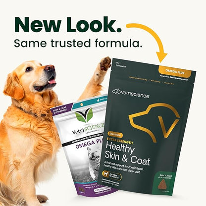 VetriScience Extra Strength Healthy Skin & Coat Chews, Omega Plus Supplement for Dogs, with Balanced Omega 3, 6, 9, Fish Oil and Biotin, Skin Health, Coat Growth and Shine, Duck, 40 Count