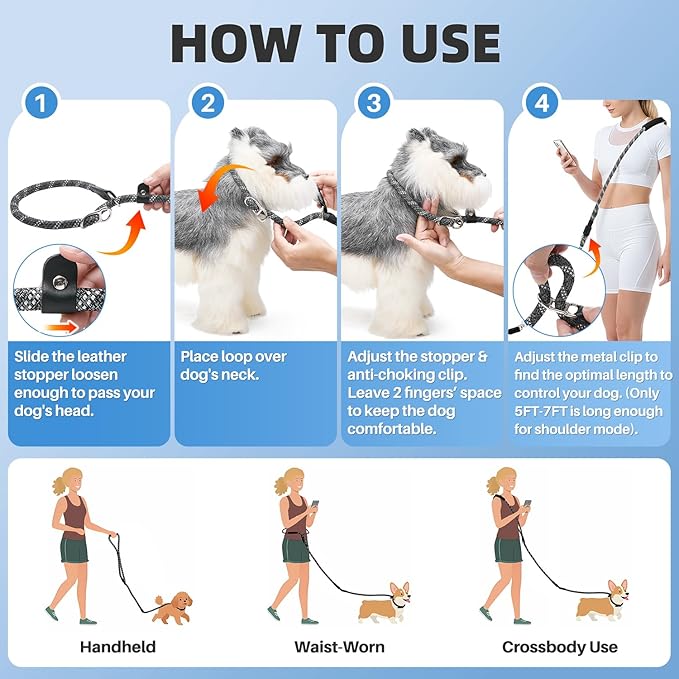 SlowTon Slip Lead for Dogs - Hands Free No Tangle Adjustable 4-6 FT 1/2” Rope, Heavy Duty Nylon Leash for Large Medium Dogs that Pull, No Pull Training Slip Leashes, 20-120lb, Dark Grey