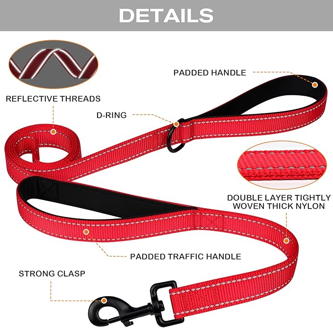Joytale Dog Leash Heavy Duty for Large Dogs that Pull, Double Handle for Traffic Control, Double-Sided Reflective Leashes for Large Medium Dogs Night Safety, 6FT, Red