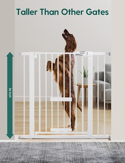 Babelio 36 Inch Extra Tall Baby Gate with Cat Door, 29-48" Metal Pet Door for Stairs, Doorways, Auto Close, Easy Walk Thru, White