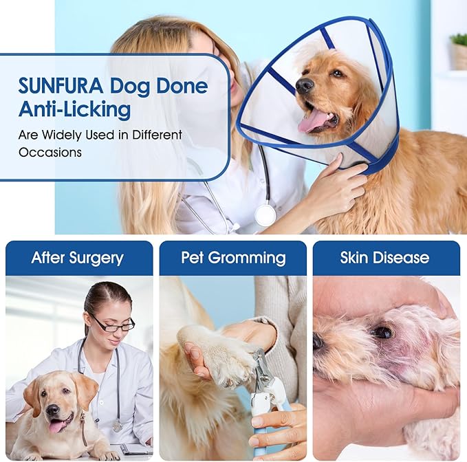 SUNFURA Dog Cones for Large Dogs, Soft Dog Cone to Stop Licking, Pet Recovery Cone XL After Surgery, Detachable Cone Alternative for Wound Healing, Blue X-Large