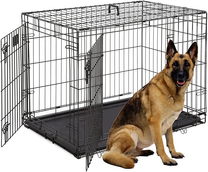 Large Dog Crate, 48 Inch Dog Cage Dual Door Metal Dog Cage with Divider Panel, Leak-Proof Pan, Indoor Outdoor Folding Pet Dog Kennel for Large Pet Animals