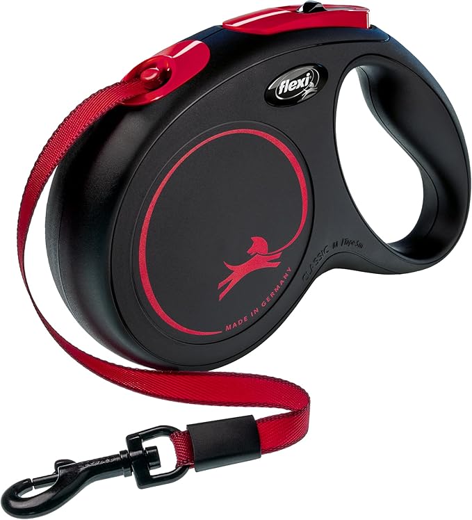 FLEXI New Classic Tape Retractable Dog Leash for Medium Dogs Upto 30-55 lbs. – 16 ft., Black Red |Tangle Free Pet Walking Leash with One-Handed Brake, Pause, Lock |German Quality Product