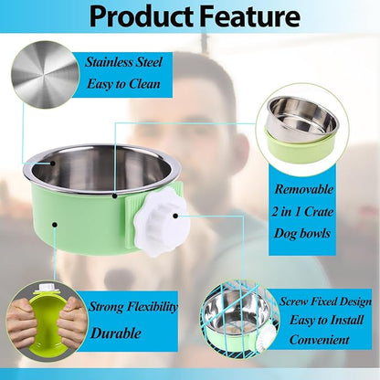 Mechpia 2 Pieces Crate Dog Bowl, Removable Stainless Steel Pet Kennel Hanging Food Water Feeder Bowl Cage Coop Cup for Puppy Medium Dog Cat Rabbit Ferret Bird (Blue,Green)