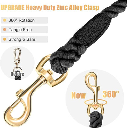 Dog Leash 6 FT Handmade Braided Cotton Rope Leashes for Small Medium and Large Dogs, New Golden Heavy Duty Metal Clasp, Black