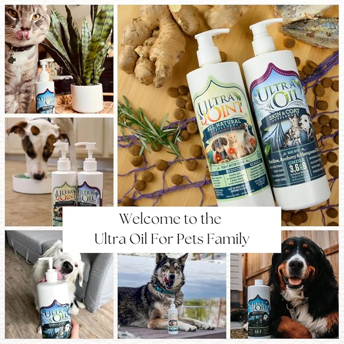 Ultra Oil Skin and Coat Supplement for Dogs & Cats - Hemp Seed Oil, Flaxseed Oil, Grape Seed Oil, Fish Oil for Relief from Dry Itchy Skin, Dandruff, and Allergies (8oz)