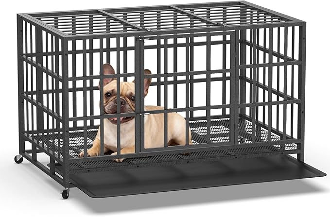 Hiwokk 38 Inch Heavy Duty Dog Crate, Indestructible Escape-Proof Dog Kennel for High Anxiety Large Dogs, Strong Metal Pet Cage with Double Doors, Lockable Wheels & Removable Tray, XL XXL XXXL