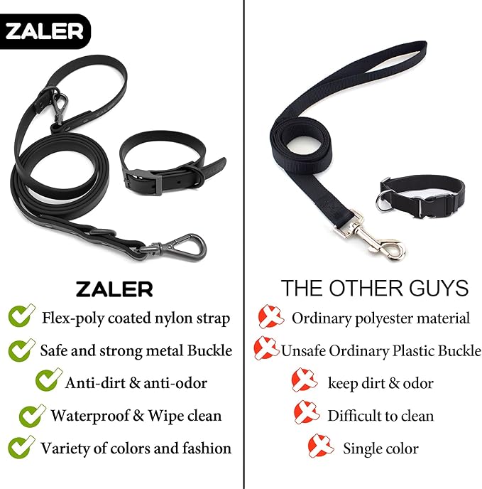 ZALER Dog Collar and Leash Set, Waterproof Adjustable Odor Proof Pet Collars Leashes Easy to Clean, 6FT Dog Leash with 2 Hooks for Large, Medium Small Dogs (XL, Black)