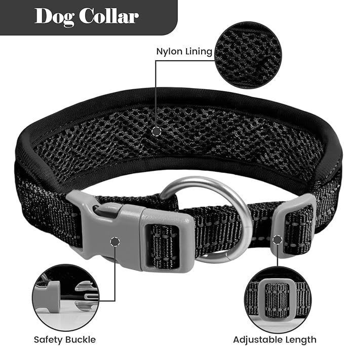Reflective Dog Collar Leash Set, Adjustable Soft Dog Collar Leash with Poop Bag Holder Dispenser for Small Medium Large Dogs, Multiple Color Available, Black, Small