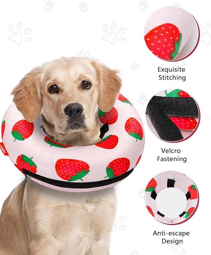 MIDOG Inflatable Dog Cone Alternative for After Surgery - Soft Protective Donut Collar Prevents Licking, Comfortable Recovery E-Collar Alternative for Small Medium Large Dogs (Strawberry,XS)