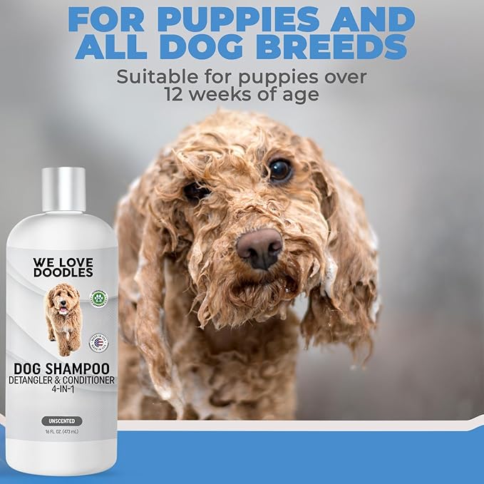 Dog Shampoo, Conditioner & Detangler - Best Shampoo for Goldendoodles, Poodles & Doodles Pet Hair - Hypoallergenic, Tearless, Sensitive Skin for Puppies & All Dog Breeds - Made in USA,16OZ (Unscented)