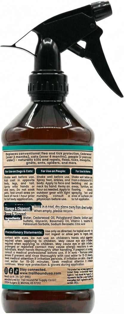Trail Guard Natural Extra Strength Insect, Flea and Tick Spray for Dogs, Cats, People & Home (16oz, Cedarwood & Rosemary)