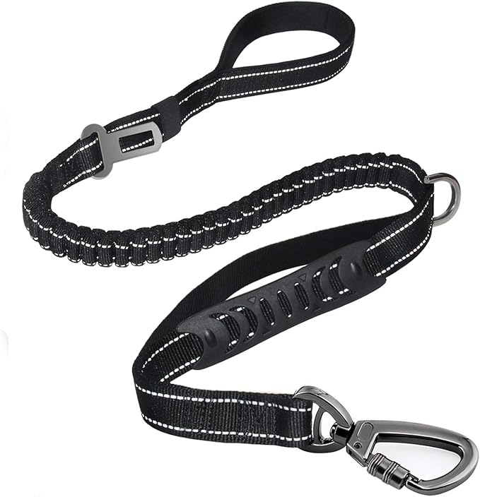 Fashion&Cool Heavy Duty Dog Leash Especially Large Dogs Up to 150lbs, 4-6 Ft Reflective Dog Walking Training Shock Absorbing Bungee Leash Car Seat Belt Buckle, 2 Padded Traffic Handle Extra Control