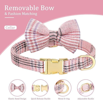 Beirui Cute Extra Small Dog Harness Collar and Leash Set with Bowtie, Soft Adjustable Plaid Puppy Harness for Small Sized Dogs Cats Walks Parties and Photoshoots(Pink,XXS:Chest 12-14")