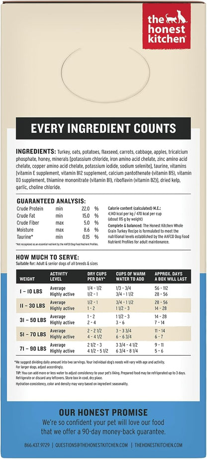 The Honest Kitchen Human Grade Wholemade™ Dehydrated Dog Food, Whole Grain Dog Food, Turkey, 7 lb (Makes 28lbs)