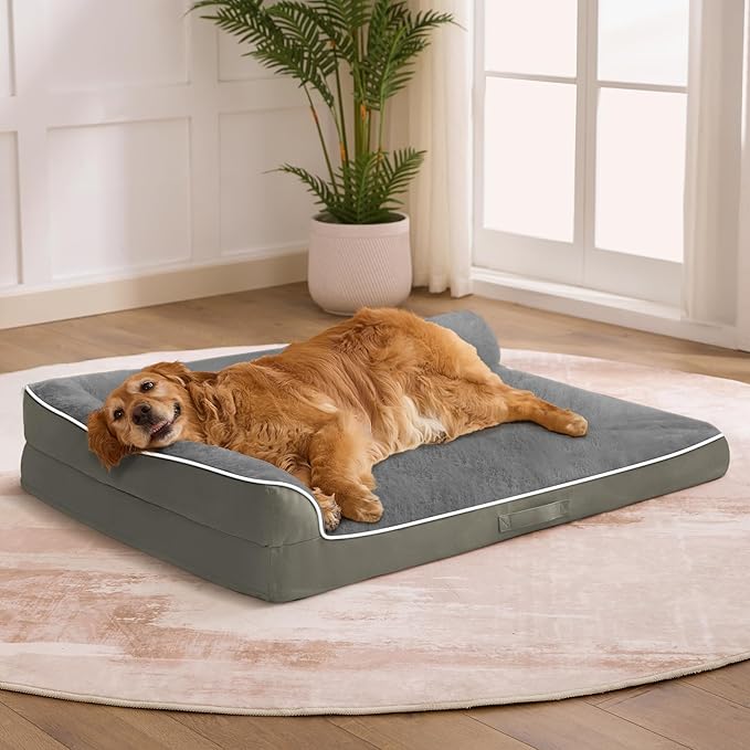 Dog Bed Large Sized Dogs, XXL Orthopedic Dog Bed for Large Dogs, Waterproof Pet Bed with Washable Removable Cover, L-Shaped Pet Couch with Portable Handle 48"x35"x7.5", Olive Green