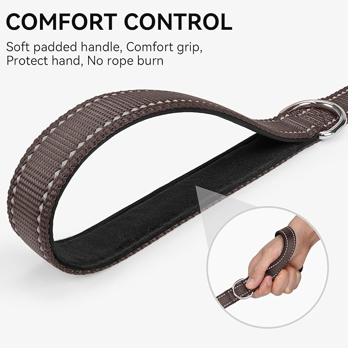 Joytale Double-Sided Reflective Dog Leash, 6 FT/5 FT/4 FT, Padded Handle Nylon Heavy Duty Leashes for Medium & Large Dogs Walking, Brown, 6FT