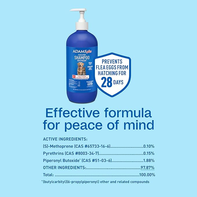 ADAMS Plus Flea & Tick Shampoo with Precor for Dogs, Cats, Puppies & Kittens, Flea Shampoo to Treat Flea Infestations, Kills Ticks, Fleas, Flea Eggs & Lice, Cleans and Conditions Coat, 24 Ounces