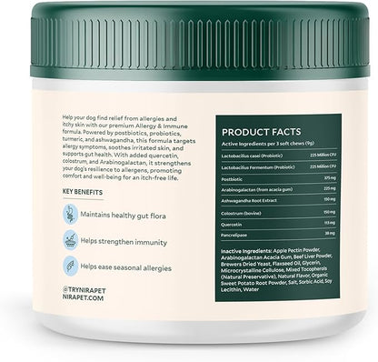 Nira Pet 5-in-1 Anti-Itch Probiotics for Dogs – 2 Strain Formula for Itching, Allergies and Gut Health with Colostrum, Postbiotics – 60 Beef Chews
