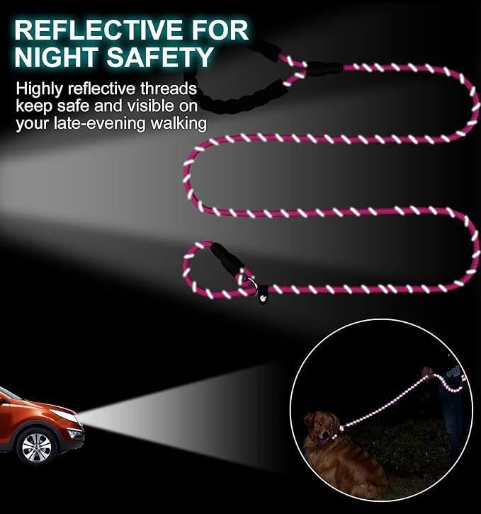 TagME 6ft Slip Dog Lead, No Pull Reflective Training Leash with Padded Handle, Professional Rope P-Leash for Small Medium Large Dogs, Heavy Duty Correction Lead for Walking & Training (Pink)