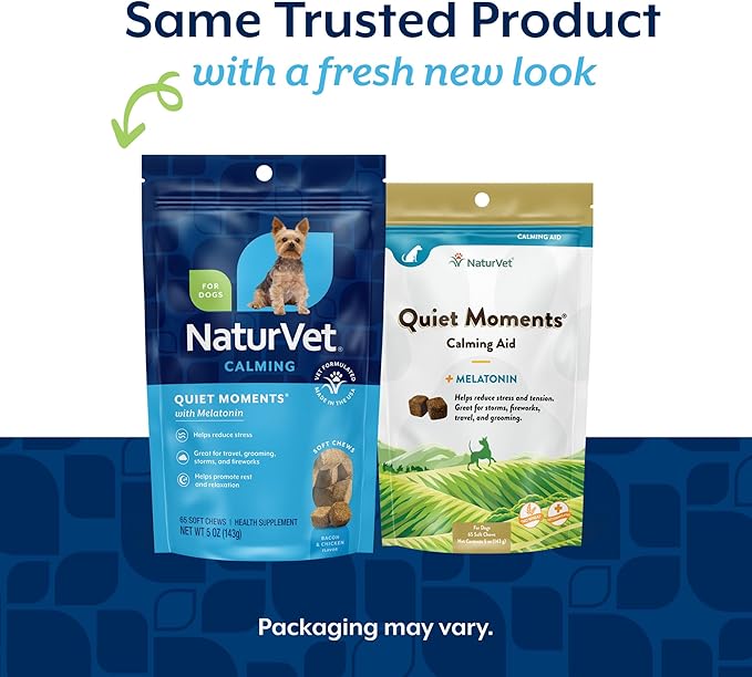 NaturVet Quiet Moments Calming Dog Supplement, Dog Soft Chews with Melatonin to Help Reduce Stress from Storms, the Vet, Fireworks, and Travel, Bacon and Chicken Flavored Pet Supplement, 65 Count