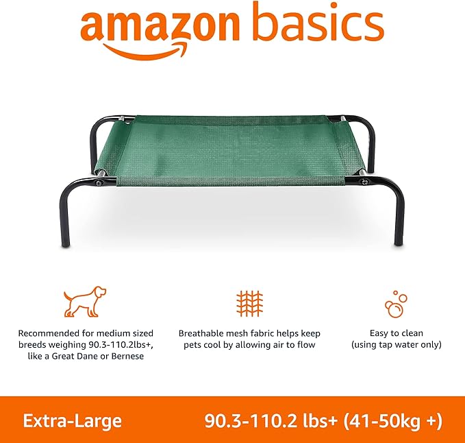 Amazon Basics Cooling Breathable Elevated Dog Bed with Durable Metal Frame for Large Dogs, X-Large, 60 x 37 x 9 Inch, Green, Easy to Clean