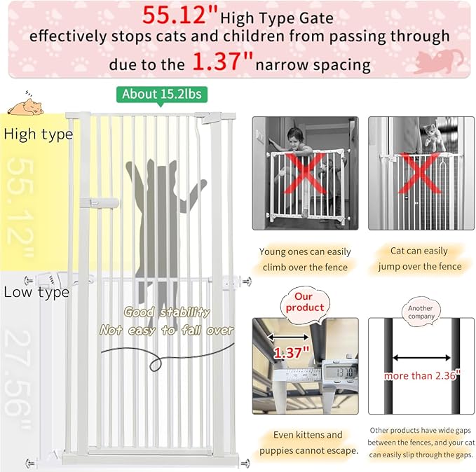 Lumizone Extra Tall Cat Gate 55.12" High Pressure Mounted Extra Wide 2025 New (17 Sizes) 1.37" Gap No Drilling Auto-Close One-Handed Operation Tall Pet Gate for Dogs(White, 55.12" H x 34.25"-38.38" W)
