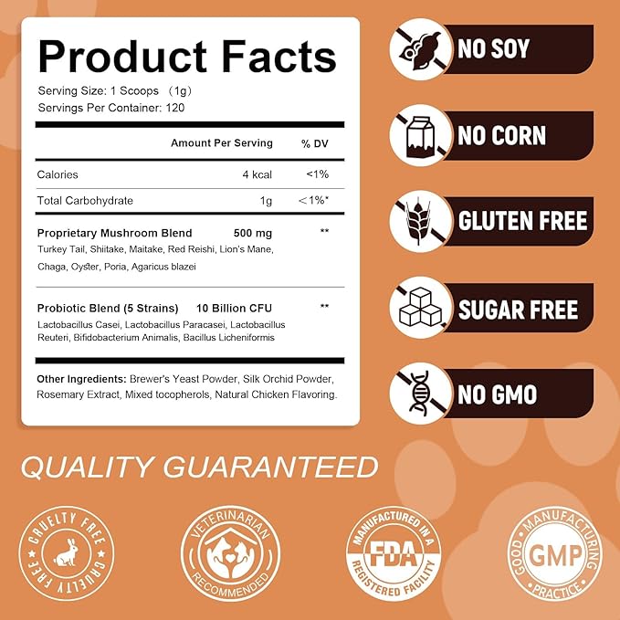 Mushroom Supplement with Probiotics for Dogs & Cats, Turkey Tail Mushroom for Pets - Mushroom Powder for Immune Boost & Overall Health- Partner Guard for Dogs Lumps and Bumps 2 Pack