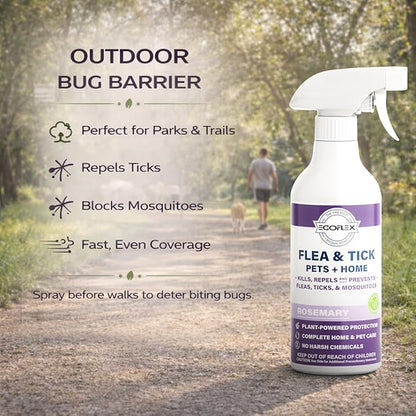 Flea Spray for Home & Pets - Flea and Tick Prevention for Dogs - Plant Based Repellent with Natural Essential Oils for Dog Flea Treatment Protection - Rosemary Scent - 16 Fl Oz