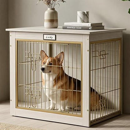 Luxury Dog Crate Furniture with Double Doors, White Wood Pet Crate End Table with Gold Metal Bars, Heavy Duty Indoor Dog Kennel for Small Medium Dogs, Furniture Style Dog Cage
