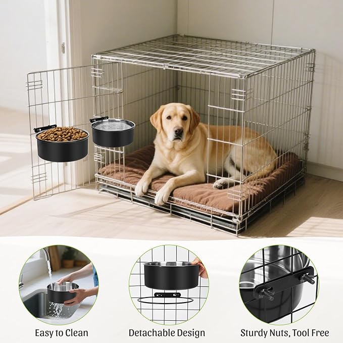 Dog Bowls for Crate, 54oz & 34oz Kennel Bowls Mountable & Non Slip Rubber Base ‌Dual Purpose Stainless Steel Dog Food and Water Bowl Set for Large and Medium Pets, Cats, Puppy, Dogs
