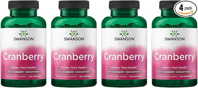 Swanson Cranberry 20:1 Juice Concentrate Urinary Tract and Kidney Health Supplement for Women and Adults Seeking Bladder Support with Vitamins C & E (180 Softgels, 4 Pack)