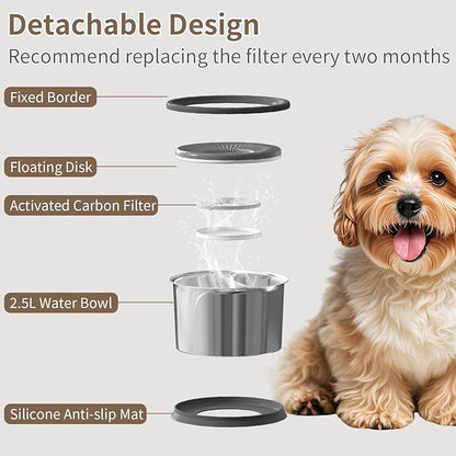 2.5L Dog Water Bowl 101oz Stainless Steel Water Bowls for Dogs No Splash Pet Water Dispenser with Non-Slip Base for Dogs and Cats 2.5L+2 Filters