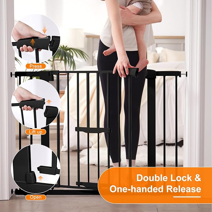 FURTIME 29"-41" Baby Gate with Cat Door Adjustable, Auto Close Dog Gate for Stairs,Doorways and House, Metal Pet Door Pressure Mounted,Easy Install, Effortless Walk Thru, Black