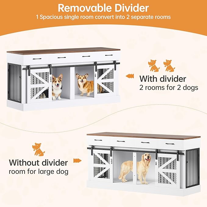 OtterOasis Extra Large Dog Crate Furniture for 2 Dogs, 71'' Dog Kennel Indoor with Removable Divider and 4 Storage Drawers, Sturdy Wooden Dog Crate TV Stand with 4 Doors for Large Medium Small Dogs