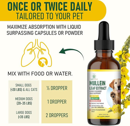 Mullein Lung Support Drops for Dogs & Cats, Relieves Kennel & Dry & Wet Cough, Lung Cleanse, Soothes Sore Throat, Eases Breathing - Pure Plant Extract, Hormone & Chemical Free, with Chlorophyll
