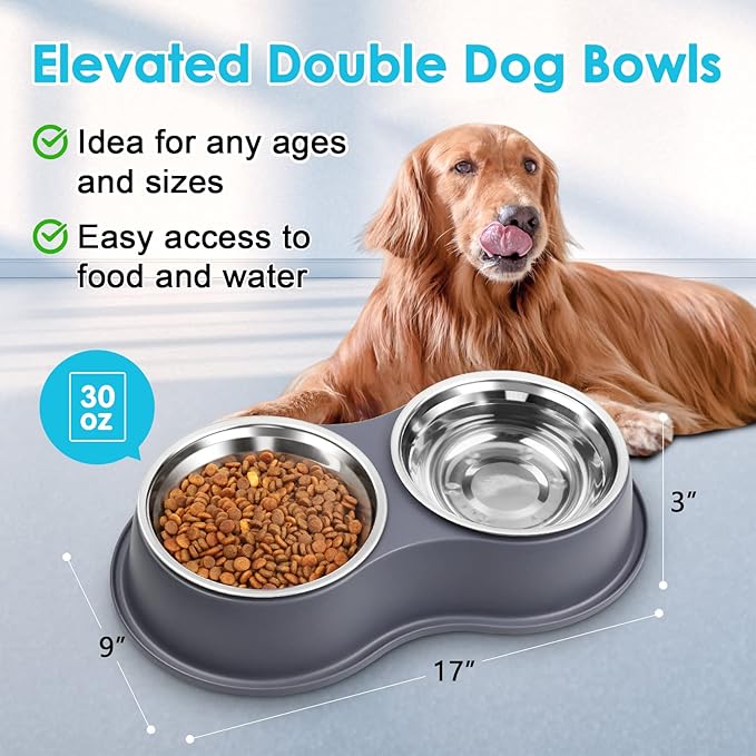 Epetslove Dog Bowls Large Double Dog Water and Food Bowls Stainless Steel Bowls with Non-Slip Resin Station, Pet Feeder Bowls Food Dish for Small Medium Large Dogs Cats