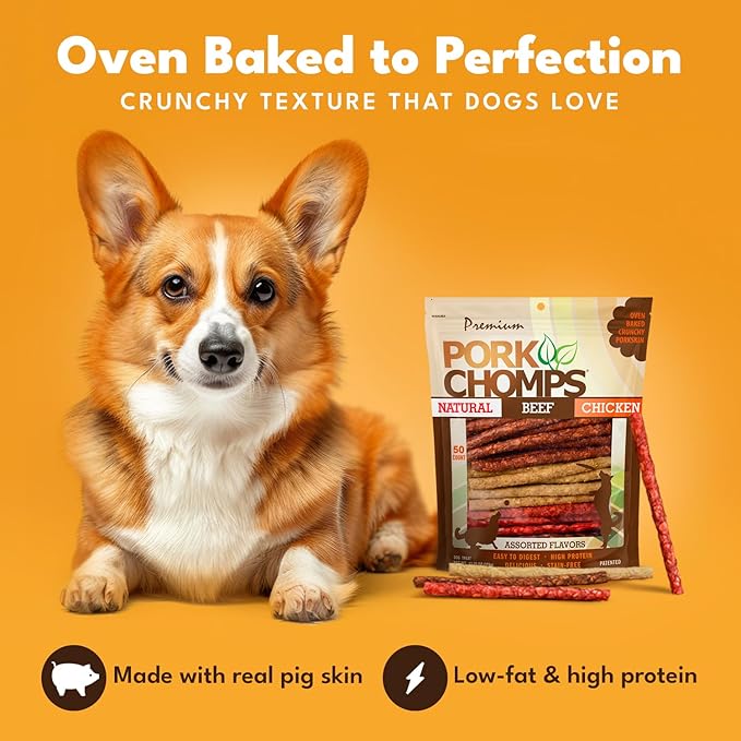 Pork Chomps Dog Chews, 5 Inch Munchy Sticks, 50 Count - Assorted Flavors: Roasted Pork, Chicken, & Bacon - Long-Lasting Treats for Dogs - High Protein, Low Fat, Healthy & Delicious Chews (1 Pack)