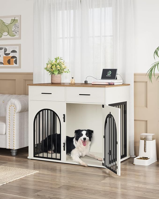 Hzuaneri 43.3'' Large Dog Crate Furniture with 2 Storage Drawers, Heavy Duty Dog Kennel Indoor with Charging Station, Wooden Dog Cage End Table Kennel for Medium/Large Dogs, White Brown DFC88214B