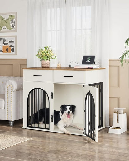 Hzuaneri 43.3'' Large Dog Crate Furniture with 2 Storage Drawers, Heavy Duty Dog Kennel Indoor with Charging Station, Wooden Dog Cage End Table Kennel for Medium/Large Dogs, White Brown DFC88214B
