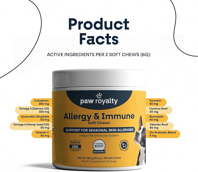 Allergy & Immune Support for Dogs | Colostrum, Postbiotics, Quercetin & Turmeric for Seasonal Allergy Relief & Skin Health | Dog Immune System Supplement | Beef Flavor Soft Chews, 90 Count