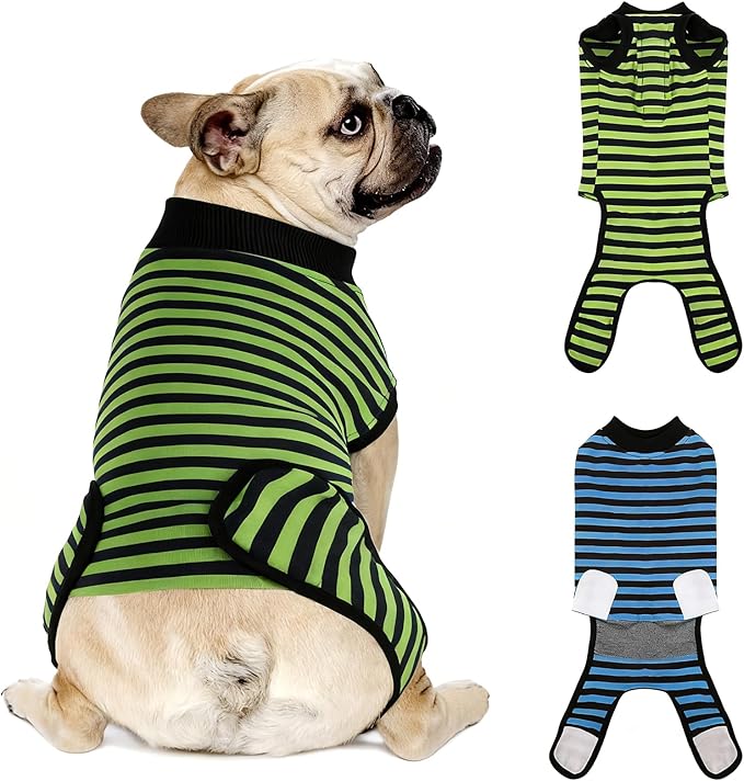 2 Packs Breathable Cotton Dog Recovery Suit for After Neuter Spay Abdominal Wounds Protector, Professional Anti-Licking Onesies for Male Female Pets Surgery Bandages, M Blue & Green Stripes