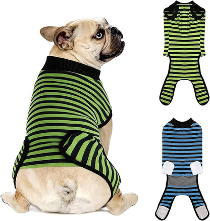 2 Packs Breathable Cotton Dog Recovery Suit for After Neuter Spay Abdominal Wounds Protector, Professional Anti-Licking Onesies for Male Female Pets Surgery Bandages, M Blue & Green Stripes