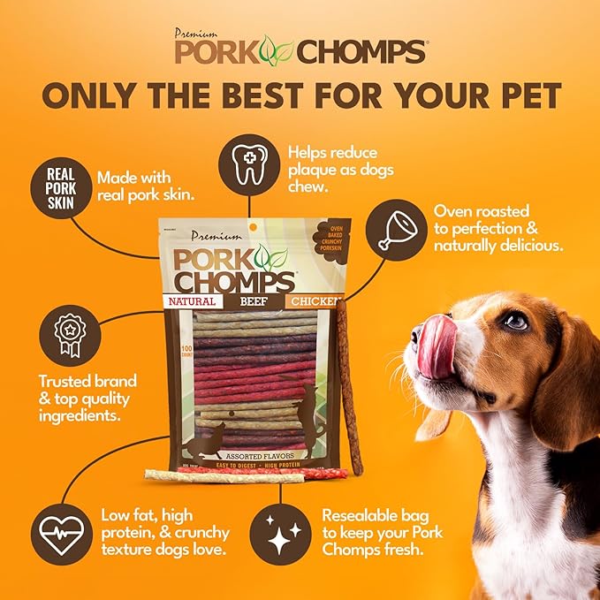 Pork Chomps Dog Chews, 5 Inch Munchy Sticks, 100 Count - Assorted Flavors: Roasted Pork, Chicken, & Bacon - Long-Lasting Treats for Dogs - High Protein, Low Fat, Healthy & Delicious Chews (1 Pack)