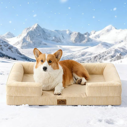 Cooling Dog Bed for Large Medium Size Dogs, Q-Max >0.4 Summer Cool Orthopedic Foam Pet Sofa Bed with Sides, Bolster Anti-Slip Couch with Washable Removable Cover, L 36x27x6.5 inch, Beige