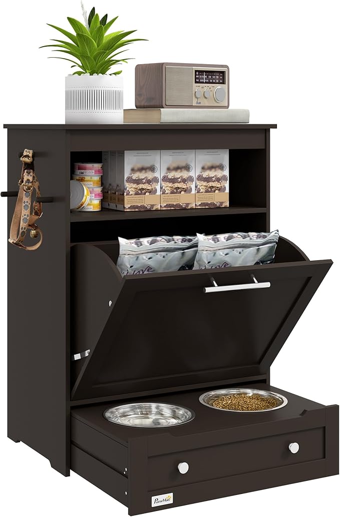 PawHut Dog Feeding Station with Raised Bowls & Storage Cabinet, Pet Feeder Cabinet Container with Hanger for Feeding & Watering Supplies, Dog Food Organizer, Brown