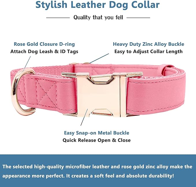 Soft Leather Dog Collar and Leash (6.6') Set - Stylish Rose Gold Heavy Duty Metal Buckle, 4 Adjustable Lengths Leash for Small Medium Large Dogs - Comfortable & Easy to Clean Dark Pink M(13.8"-19.7")